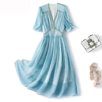 womens summer fashion dress v neck short sleeve blue diamond studded high waist a shape floral chiffon plus size date long skirt