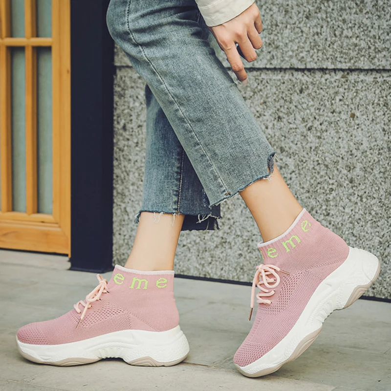 Rimocy Autumn Pink Sneakers Women 2019 New Knitting Lace Up Sock Shoes Woman Casual Walking Thick Bottom Zapatos De Mujer | Обувь