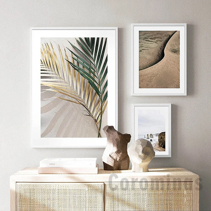 Современный бежевый пейзаж листья пальмы холст живопись Постер в стиле бохо