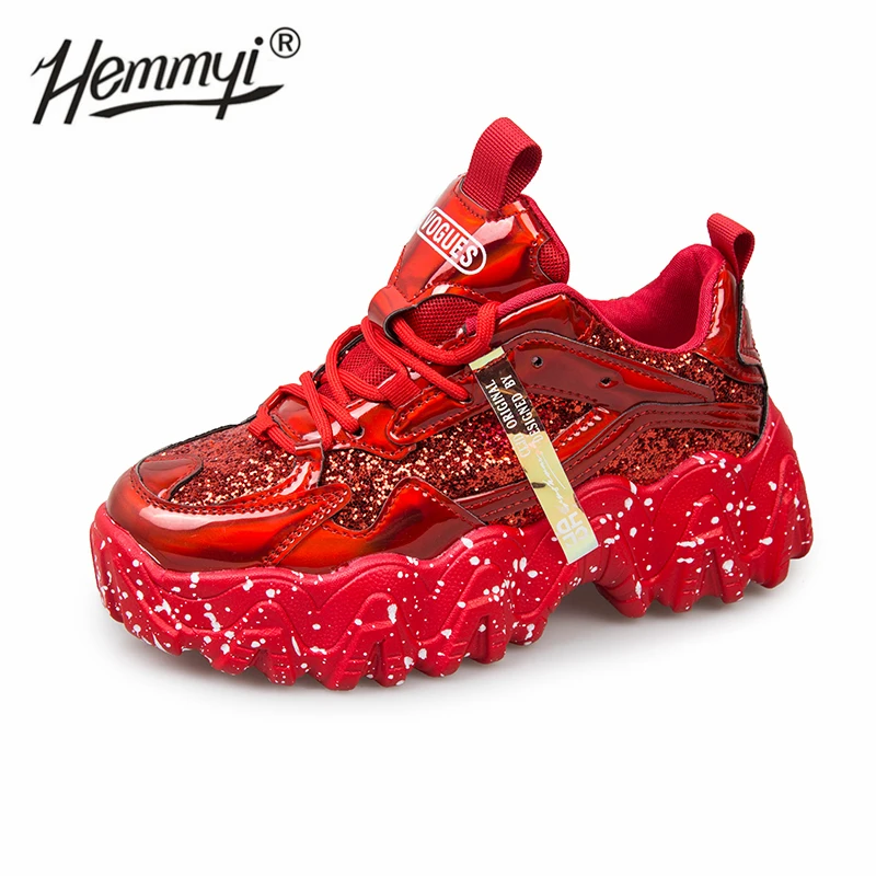 

2020 Women Sneakers Sequined Cloth Bling 4CM High Heel Chunky Casual Women Shoes Wedges Black Silver Red Tenis Feminino