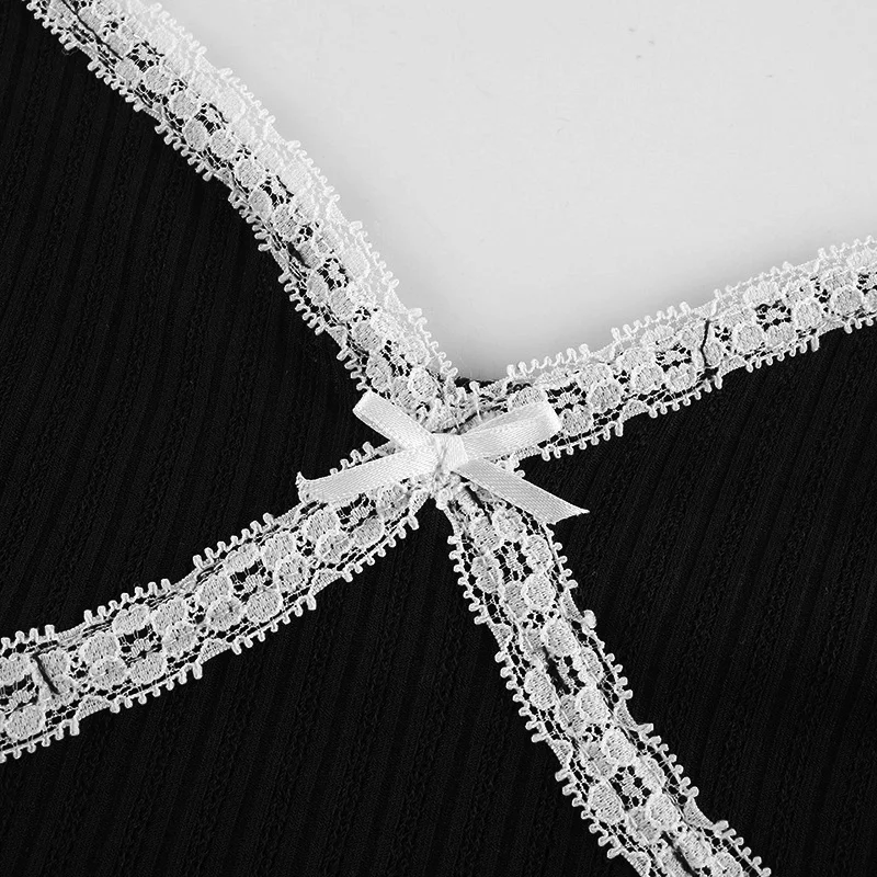 

Ribbed Cross-Criss Lace Trim Top Summer Spaghetti Strap V-Neck Ruffles Hems Backless Cropped Tops