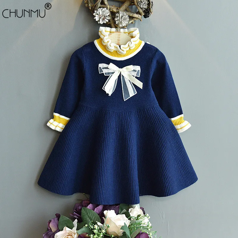 

Детское трикотажное платье для девочек, осеннее платье-свитер с длинным рукавом и воротником средней длины