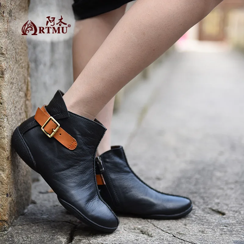 

Artmu Fashion Women Boots Buckle Fur Winter Woman Short Boots Cowhide Handmade Genuine Ankle Boots Lady Comfortable
