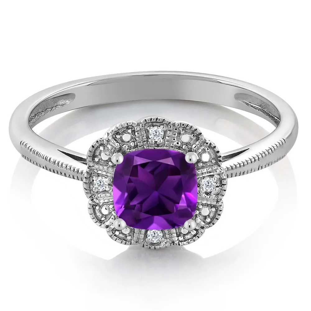 10K кольцо из белого золота Подушка Фиолетовый аметист с бриллиантовым акцентом (в