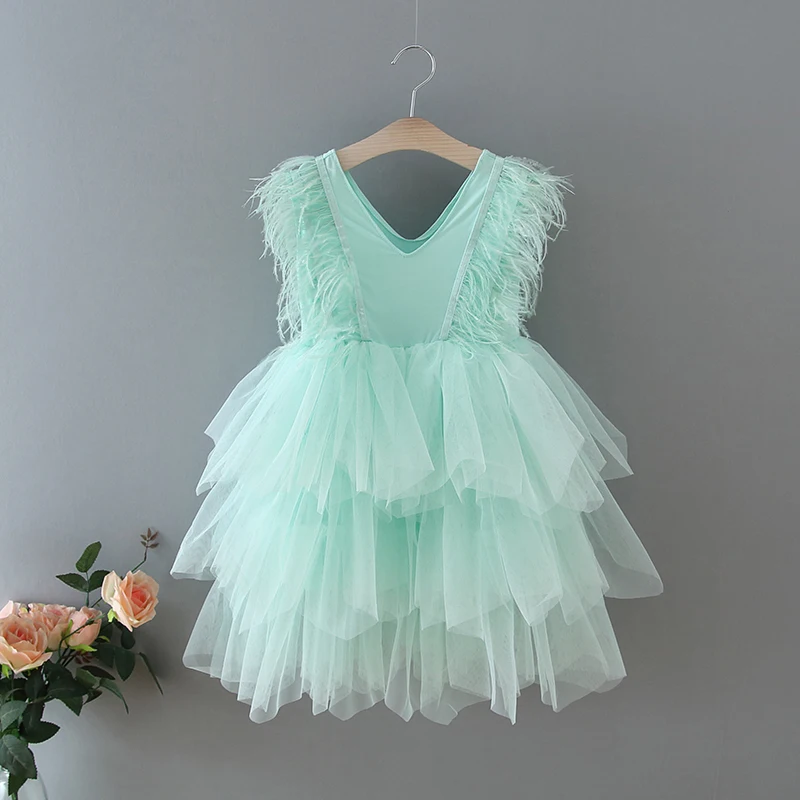 Vestidos de fiesta para ni&ntilde;as, novedad de 2021, cuello en V, pluma, tul esponjoso, pastel, vestidos de princesa para espect&aacute;culo de boda, ropa de beb&eacute; E1955-5