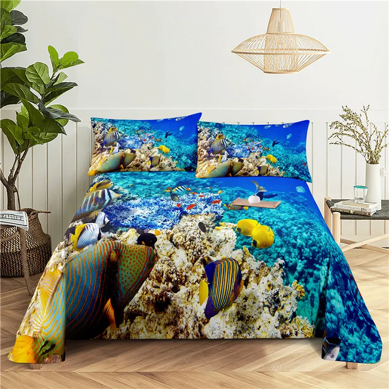 

Underwater World 0.9/1.2/1.5/1.8/2.0m Digital Printing Polyester Bed Flat Sheet With Pillowcase Print Bedding Set