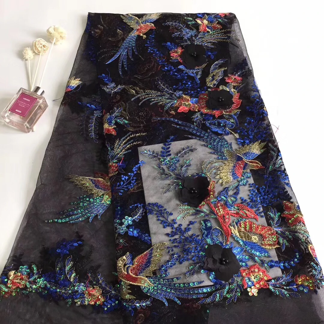 Темно-синяя кружевная ткань 3D 2021 Высококачественная отделка из бисера Кружевная