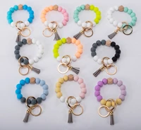 1pcs silicone keychain for keys tassel wood beads bracelet keyring for women multicolor beads fashion keychain wholesale
