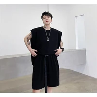 mens summer suit loose pulper sleeveless vest shorts 2 piece fashion trend youth ribbon design shorts plus size sui