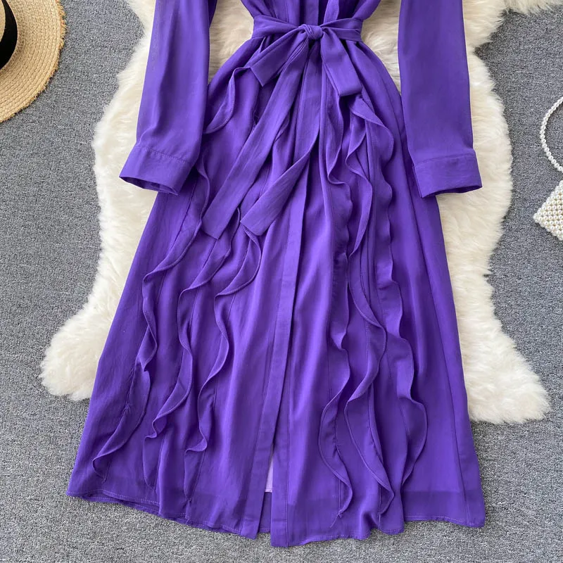 

Women Purple Ruffle Chiffon Holiday Dress Retro Turndown-Collar Long Sleeve Autumn Fashion Streetwear Long Midi Dresses
