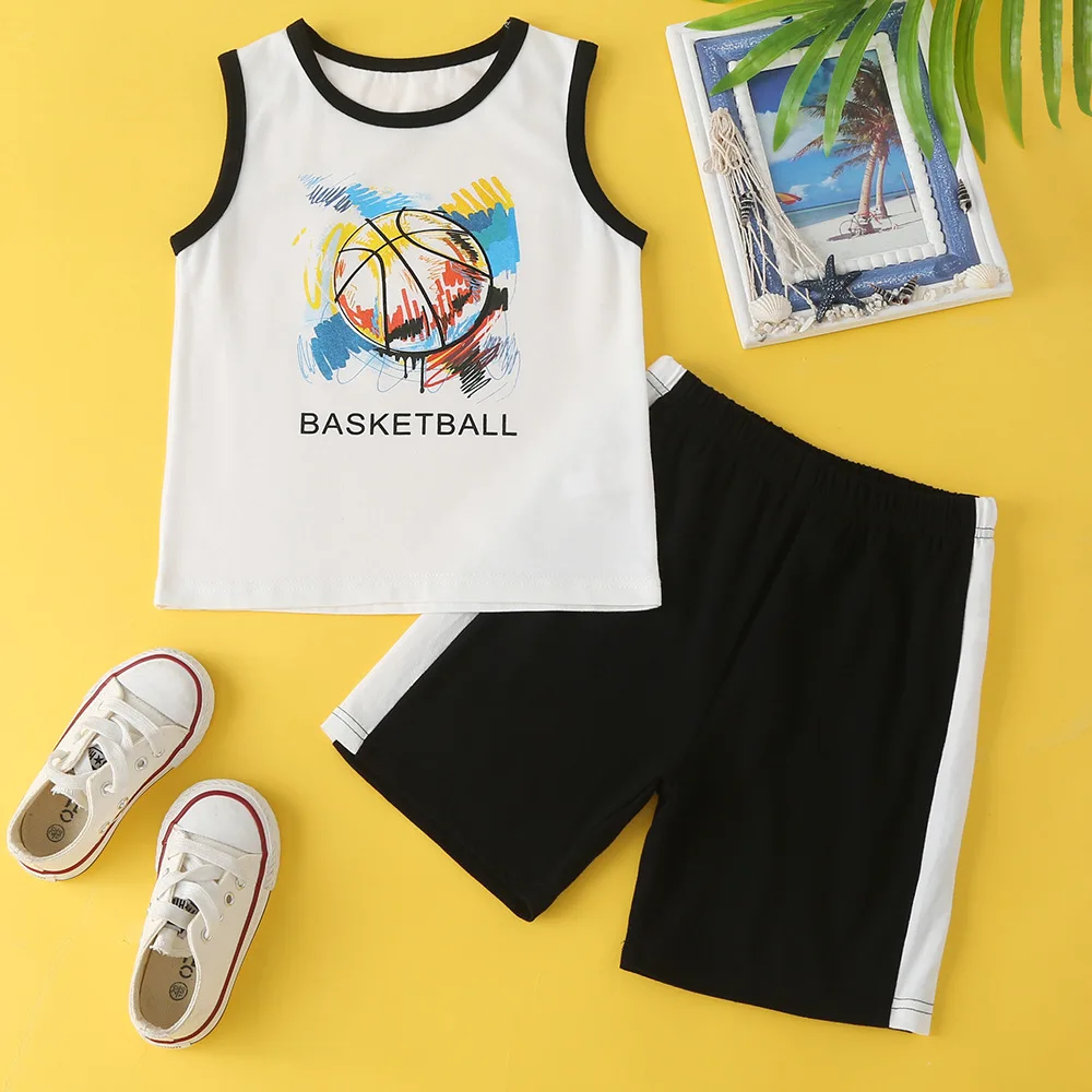 

2022 Summer Children Sets Sleeveless O Neck Print Basketball Tops Black Shorts 2Pcs Roupa Infantil Menina Clothes Sets 18M-6T