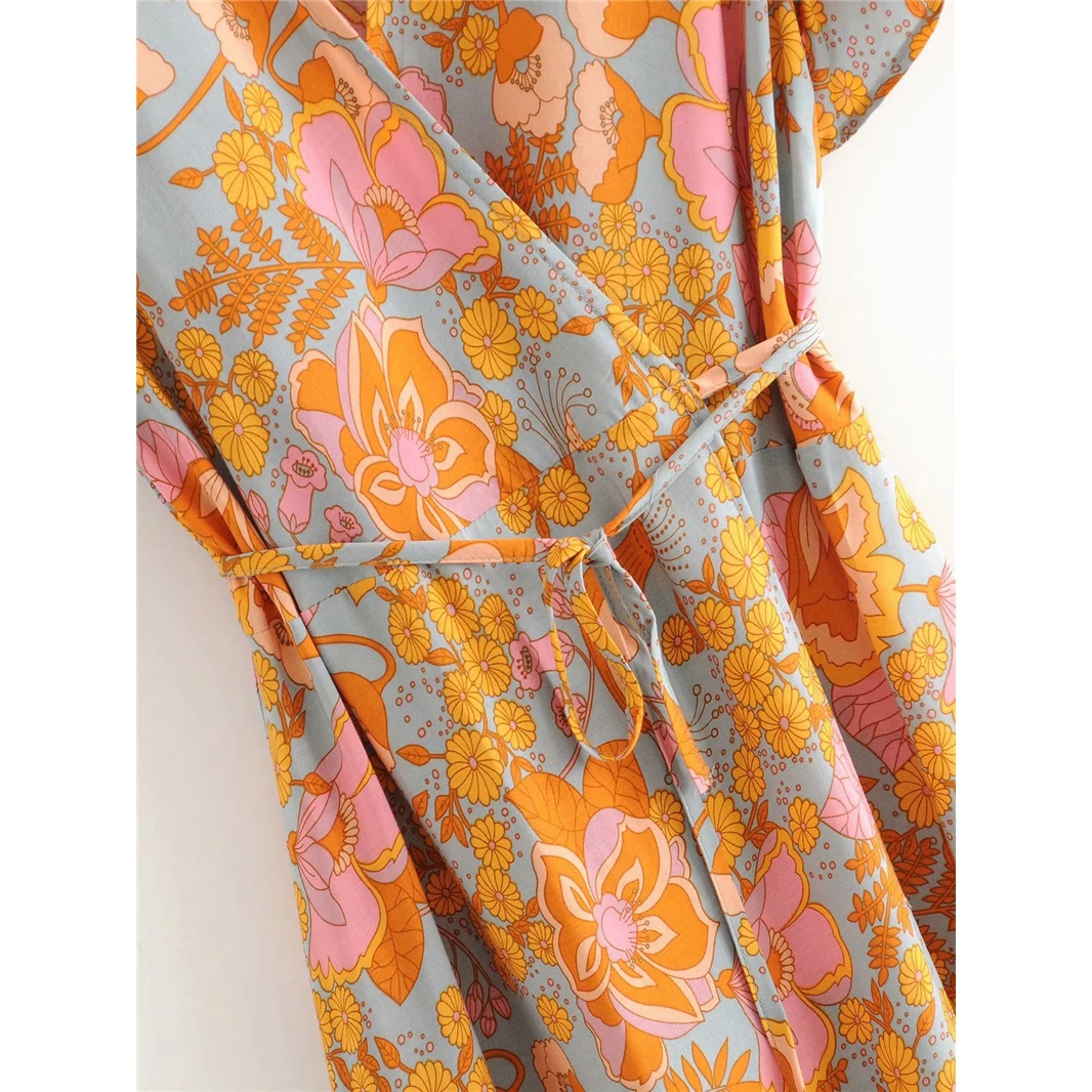 Винтажное шикарное женское платье с цветочным принтом коротким рукавом и поясом