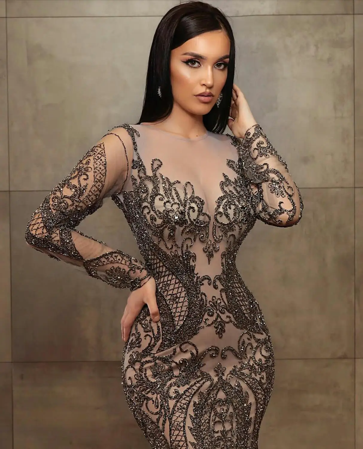 Sexy Illusion Mermaid Prom Dresses Plus Size Beading Long Sleeve Evening Gowns 2020 Lace Sequined Luxury Vestidos Longo