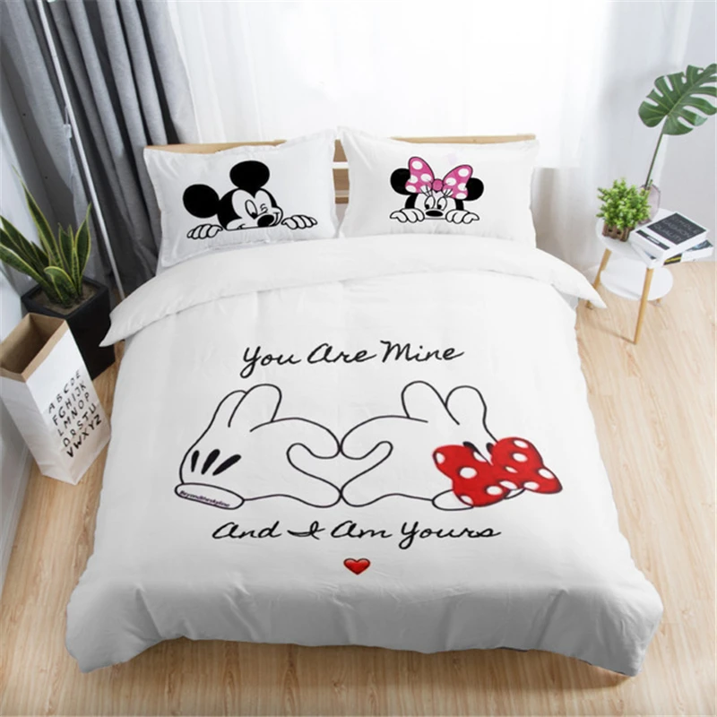 

3pcs Black White Bedding Set Mickey Minnie Duvet Cover Home textile Couple wedding Quilt Set Adult Double Bedding Sheets gift
