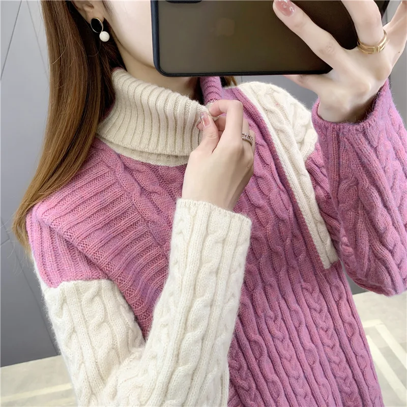 

Autumn and winter new fashion color matching high collar sweater women's loose Pullover Lapel knitting