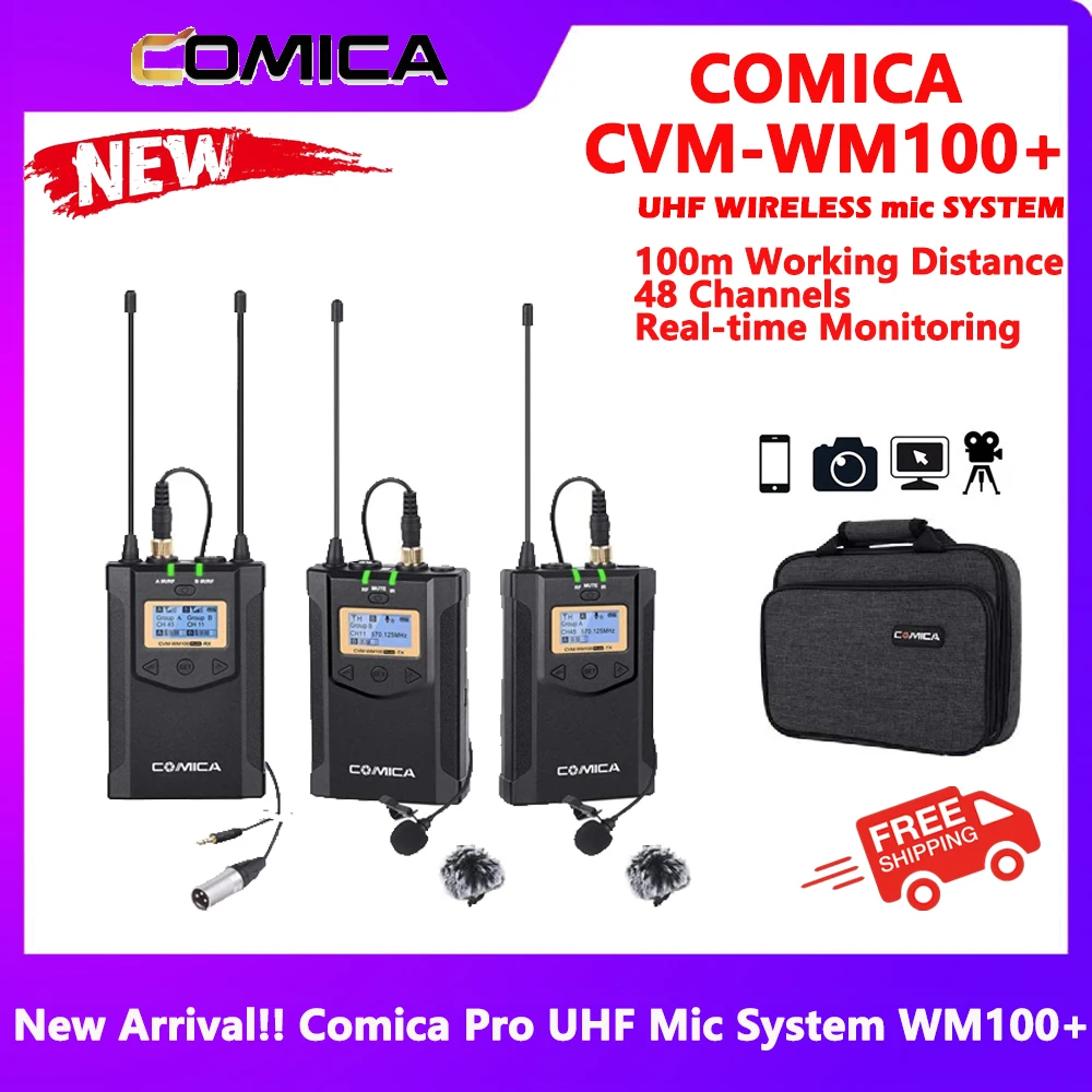 

Comica CVM-WM100 Plus 48-Channel Professional UHF Dual Wireless Lavalier Lapel Microphone System for Canon Sony DSLR Cameras
