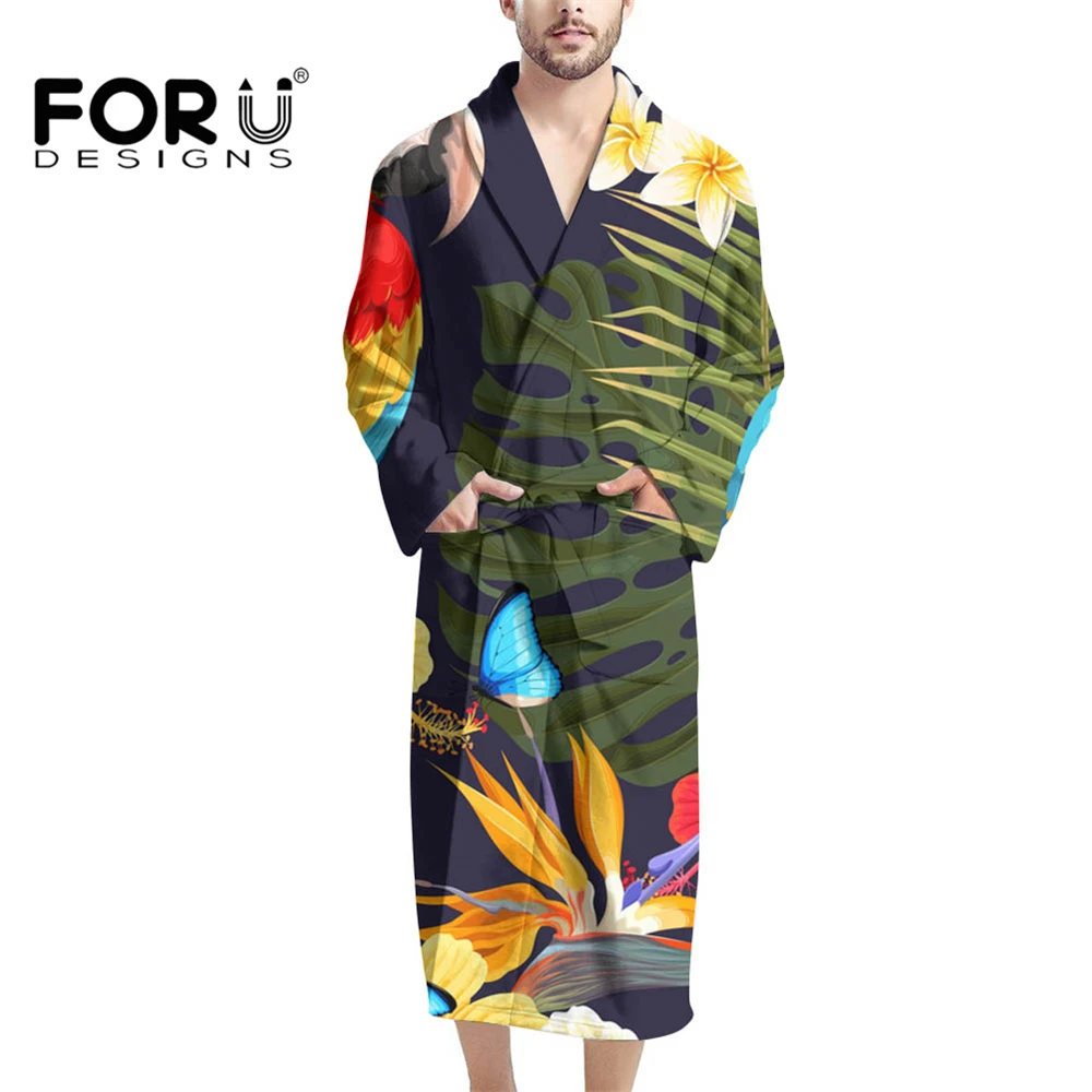 

FORUDESIGNS Men's Kimono Parrot Floral Printing Yukata Bathrobe Gown Soft Thick Warm Flannel Long Robes V-Neck Sleepwear