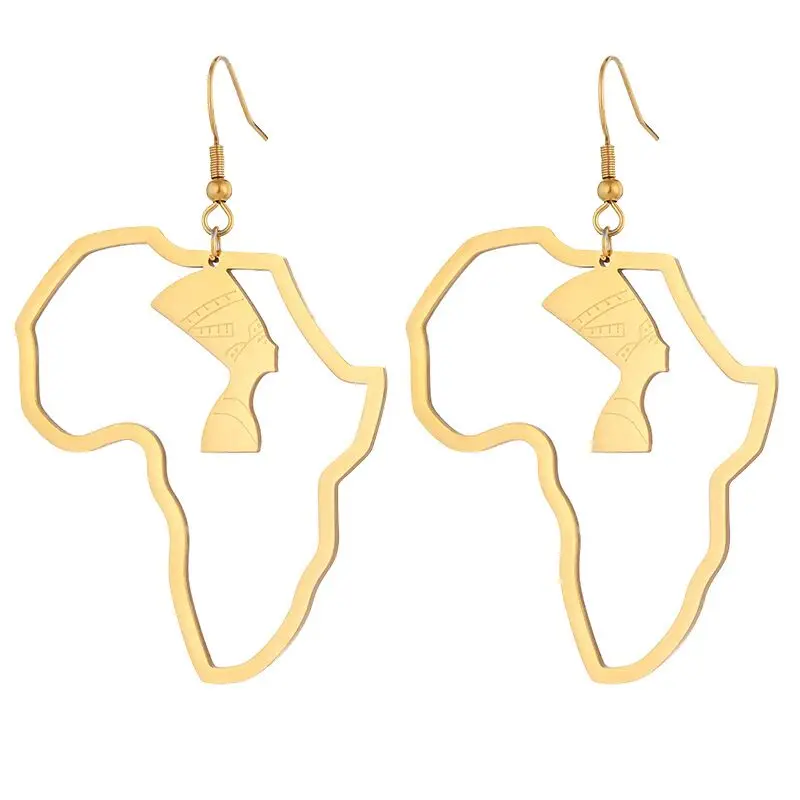 

African Map Big Earrings Exaggerate Large Egyptian Queen Earring Gold Color Africa Ornaments Traditional Ethnic Hyperbole Gift