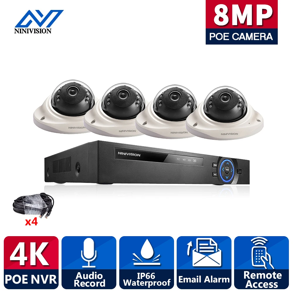 

Система видеонаблюдения H.265 + 4 канала 4K POE, комплект из 4 IP-камер 8 МП Ultra HD для улицы, водонепроницаемый сетевой видеорегистратор для дома