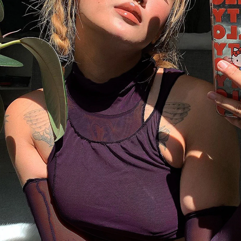 Прозрачная Сетчатая футболка для девушек Y2k Готическая без рукавов топы уличная