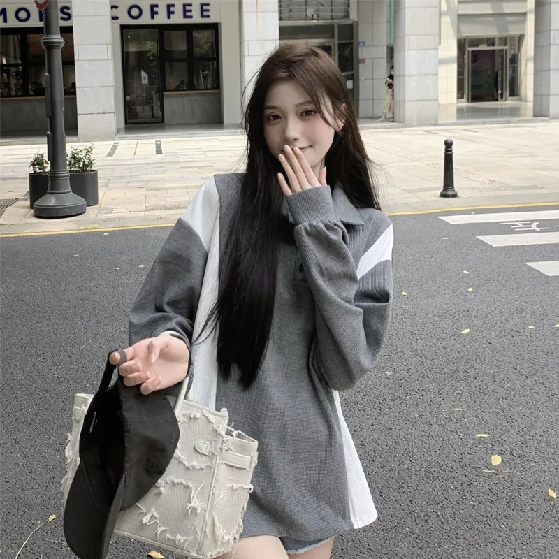 

Polo Collar Color Matching Long-sleeved Sweater Women's Spring and Autumn Thin New Loose Thin Casual Jacket Trend