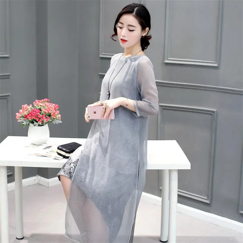 Женское шифоновое платье Qulaity серое с цветочным принтом в стиле ретро для лета