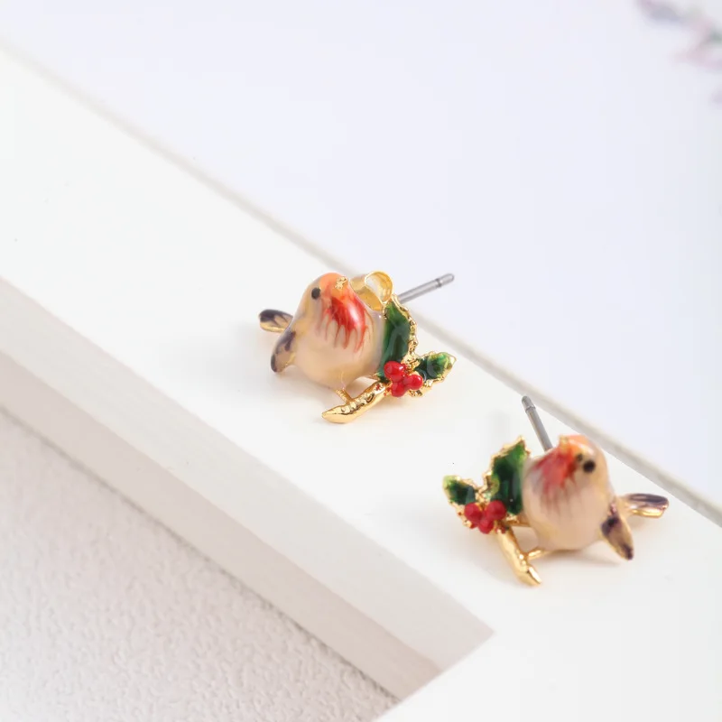 

European and American Hand-Painted Enamel Glaze Three-Dimensional Small Sparrow Bird Leaves Cherry Cute Earrings Female