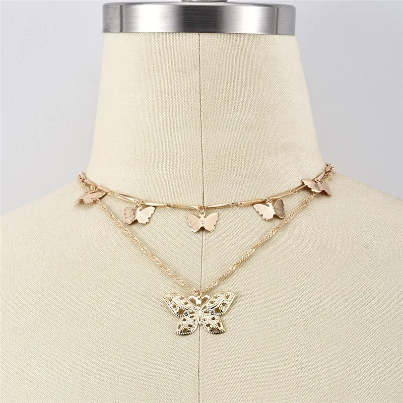 Модное ожерелье-чокер с бабочкой женское Двухслойное колье золотистого цвета