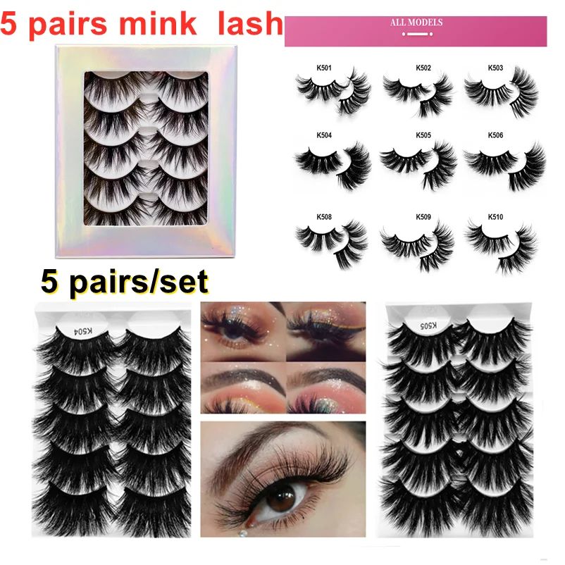 

5 pairs mink lash Mink False Eyelashes Natural Wispy Fluffy Dramatic Volume Fake Lashes Extension Handmade Cruelty-free Eyelash