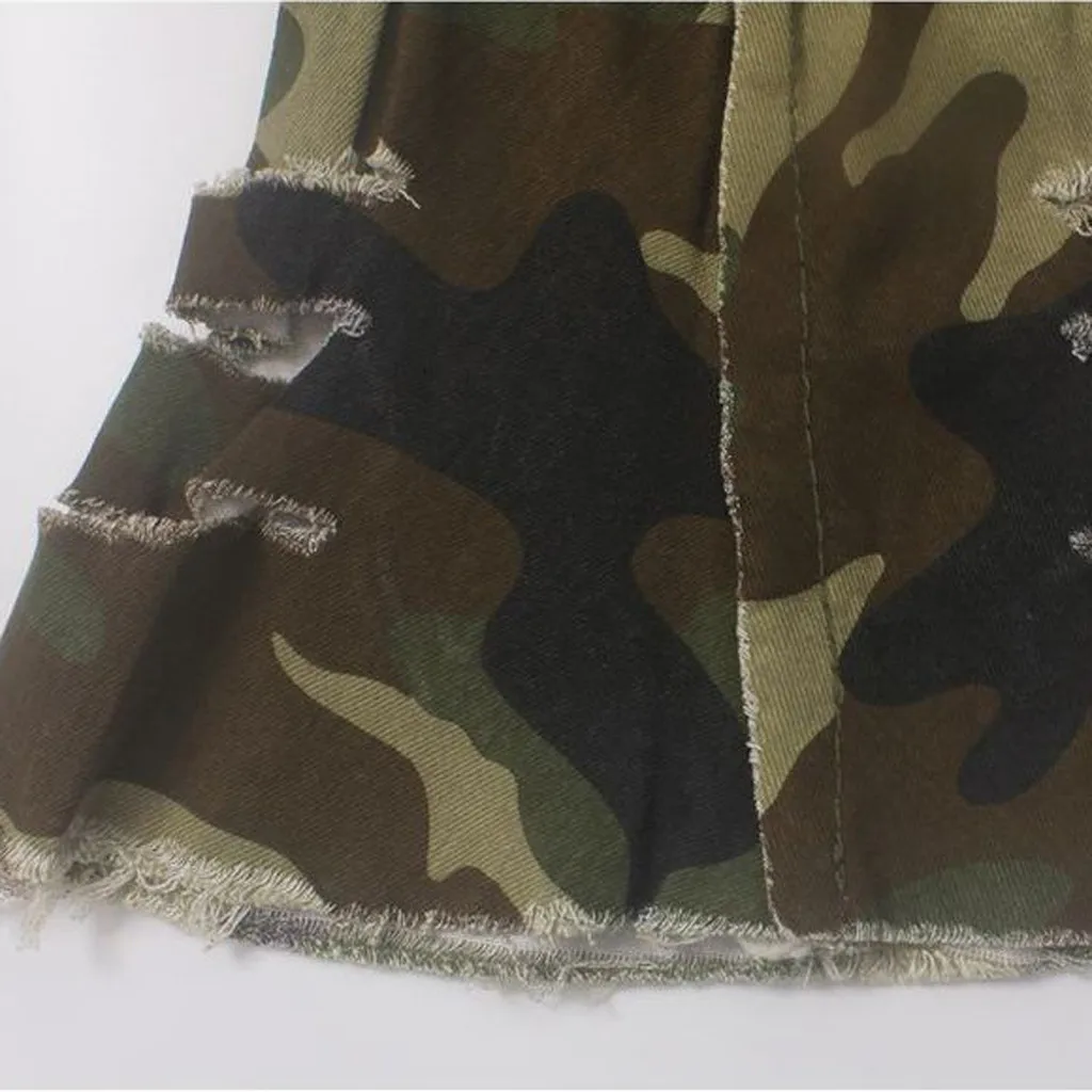 Женские камуфляжные джинсы с дырками и пуговицами на молнии повседневные