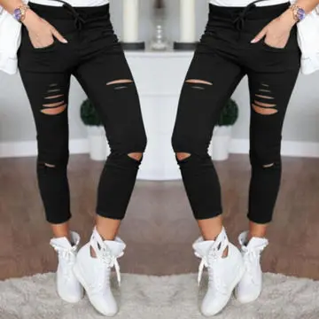

Hot New Street Style Tall Waist Pencil Pants For Women Ripped Pants Leggings For Women Crescent Pants