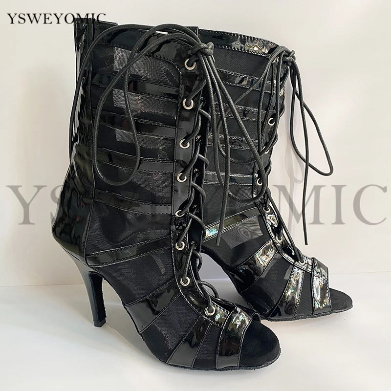 Black Latin Boot Dance Shoes Latin Women Leather High Heel Suede Outsole and Rubbel Sole Available Soft Salsa Latin Dance Boot