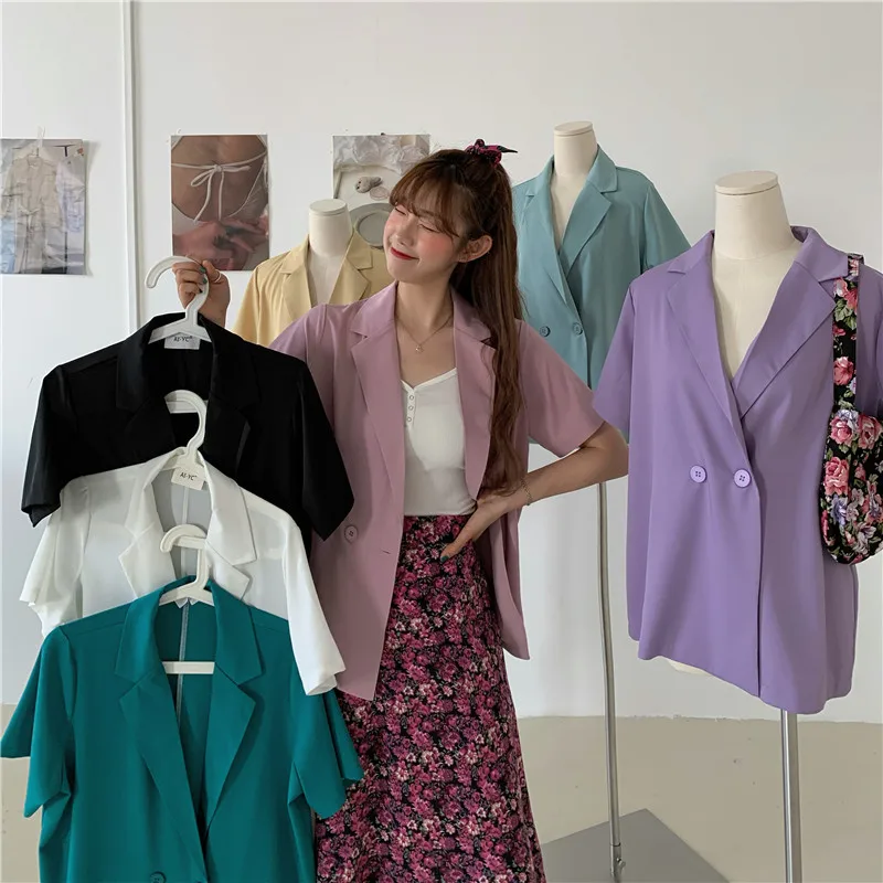 

Новинка лета 2021, корейские куртки, женский простой милый крутой однобортный тонкий пиджак карамельных цветов с коротким рукавом, женские па...