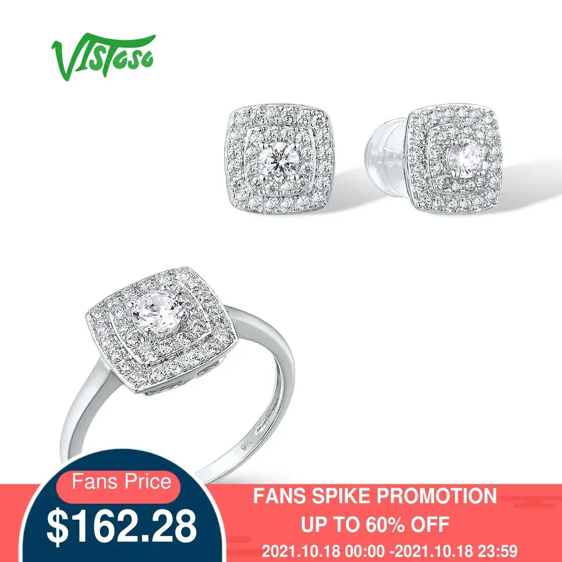 

VISTOSO Pure 9K 375 White Gold Jewelry Set For Women Sparkling White CZ Square Stud Earrings Ring Set Luxury Gift Fine Jewelry
