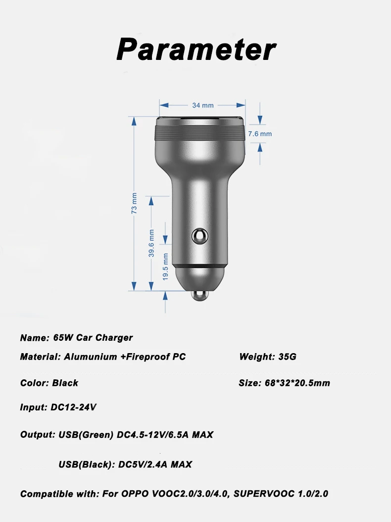 65W SUPERVOOC 2.0 Car Charger Fast Car Charging Type-C Cable For OPPO Find X2 Pro Reno 5 5G 3 4 Pro Ace 2 X20 Realme X50Pro RX17