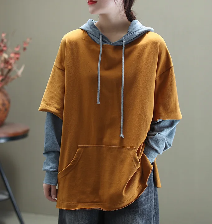 Весенние свитшоты Женские повседневные Лоскутные с капюшоном и карманами