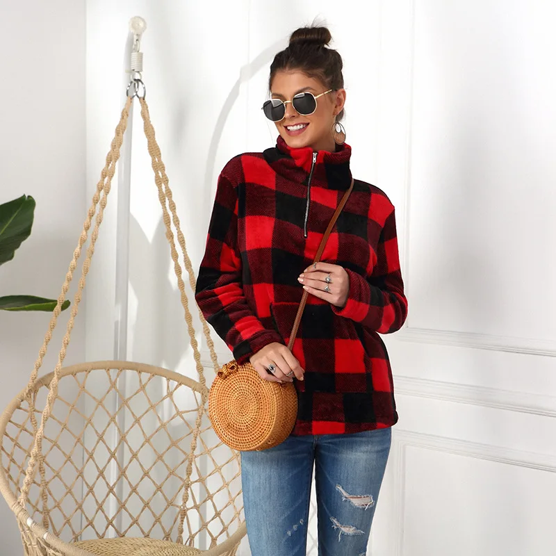 

Autumn Winter Nice Women Hoodies Sweatshirt High Collar Lapel Long Sleeve Plaid Femal Pullover Fashion Casual No Hat Woman Top