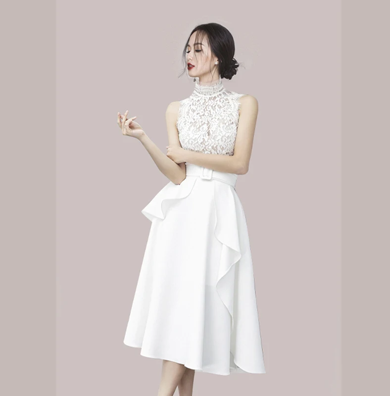 

Summer Lace Dress with Sashes Stand Collar High Waist Sleeveless Large Swing White Party Dresses for Women TA125