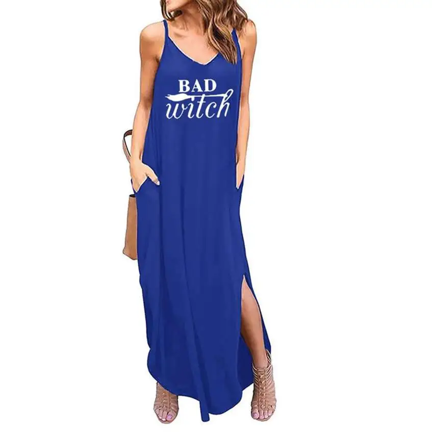 

2021 Fashion Halloween Bad Witch Print Maxi Women's Summer Casual Loose Dresses Beach Blouse Long Sling Long Dress With Pockets