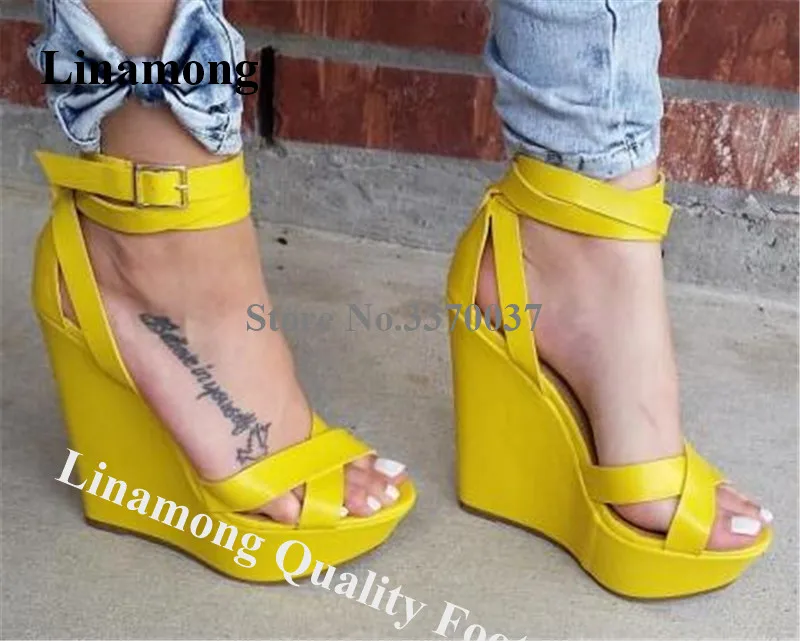 

Linamong New Fashion Open Toe High Platform Wedge Sandals Yellow Buckles Strap Cross Height Increased Wedges Formal Dress Heels