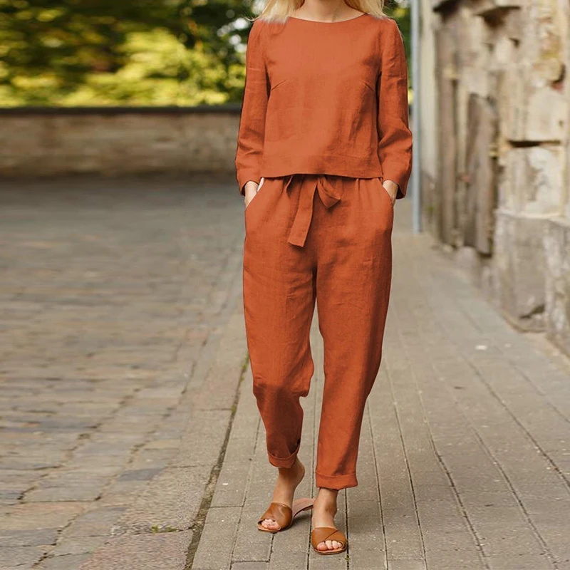 

Women New Casual Two Piece Sets Summer Solid Loose Outfits Elegant O-Neck Tops And Loose Pants Suits Ladies Fashion Streetwear