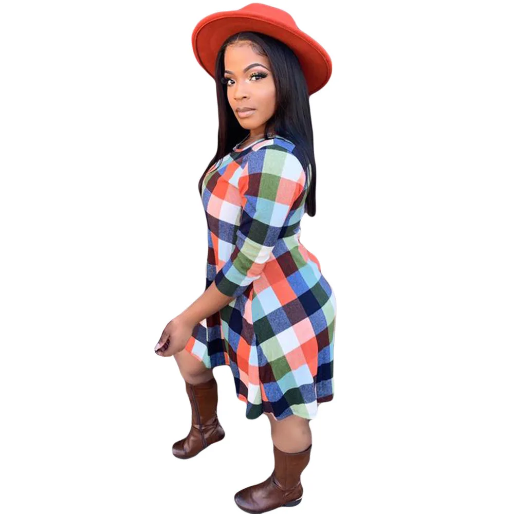 

Multicolor Plaid Checkered Print A-line Dress Women Vintage Crew Neck Three Quarter Sleeve Vestidos Fashion Fit and Flare Dress
