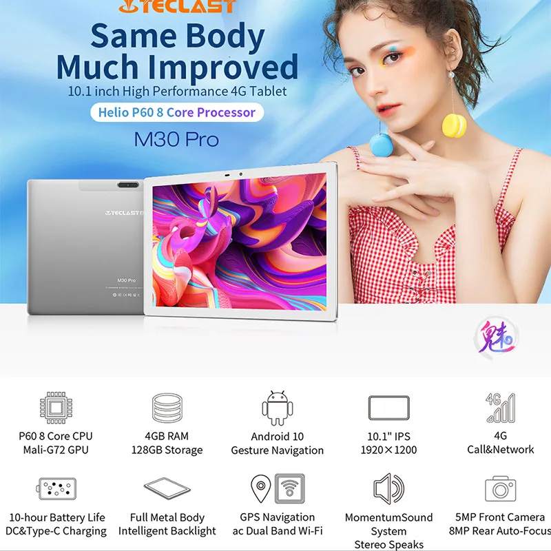 Teclast M30 Pro 10.1 Inch Tablet P60 8 Core 4GB/6GB RAM 128GB ROM Android 10 Tablets PC 1920x1200 IPS 4G Call Dual Wifi GPS