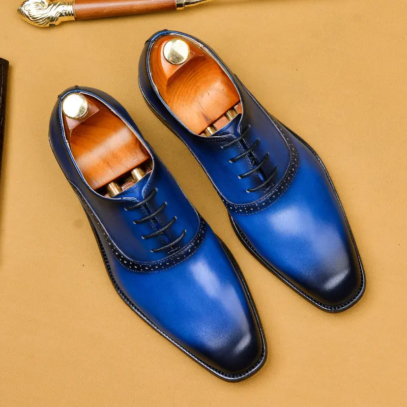 Blue Phenkang/мужские кожаные туфли; модельные туфли в деловом стиле; мужские брендовые свадебные туфли из натуральной воловьей кожи с черной шнуровкой - Цвет: Blue