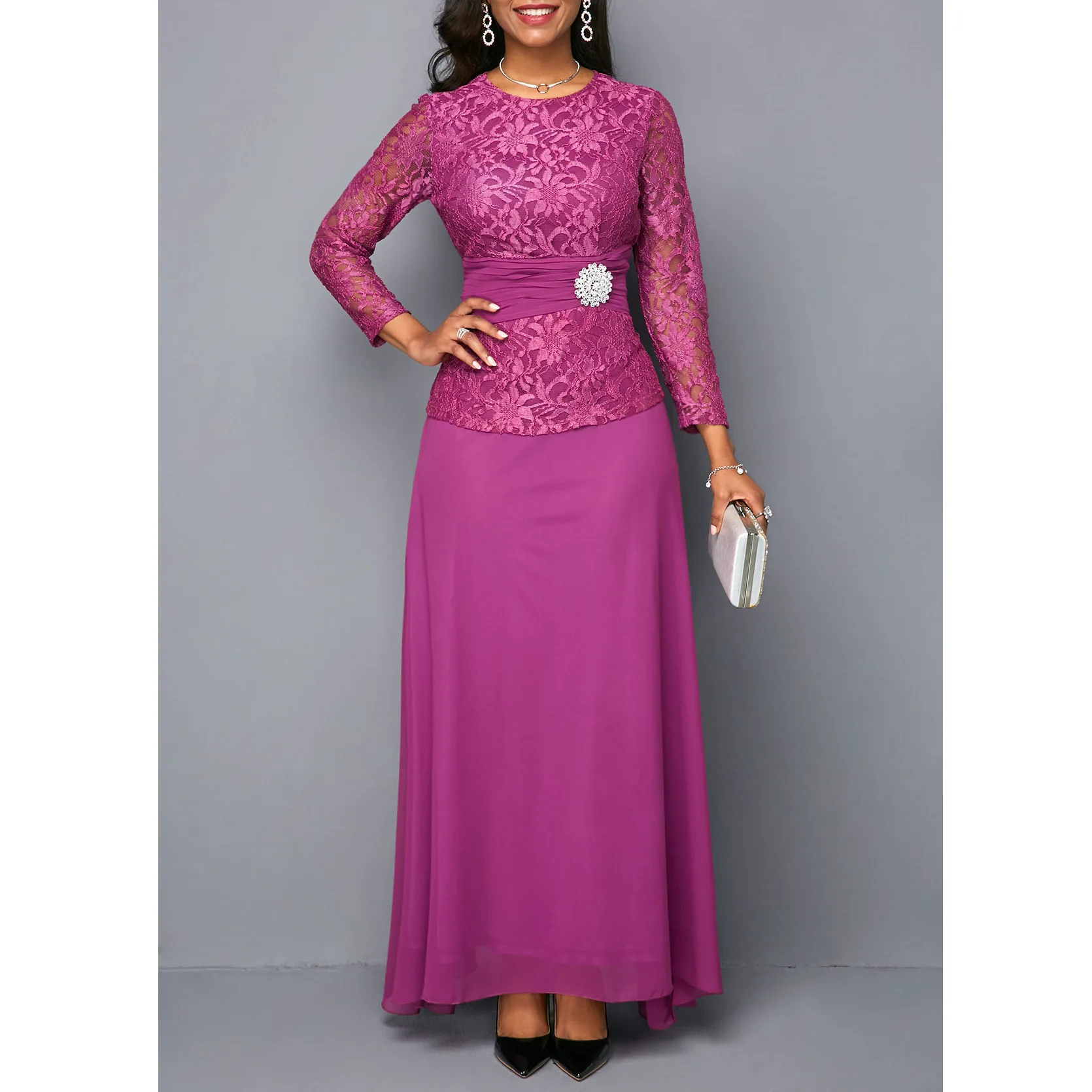 Женское шифоновое длинное платье с кружевом и высокой талией|Женские платья| |