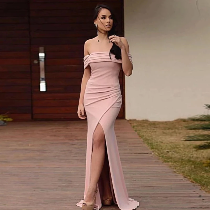 

horizontal neck Evening Dresses Mermaid / Trumpet Front/Side Slit Party Gowns Off-the-shoulder Sleeveless Sweep/Brush Fold