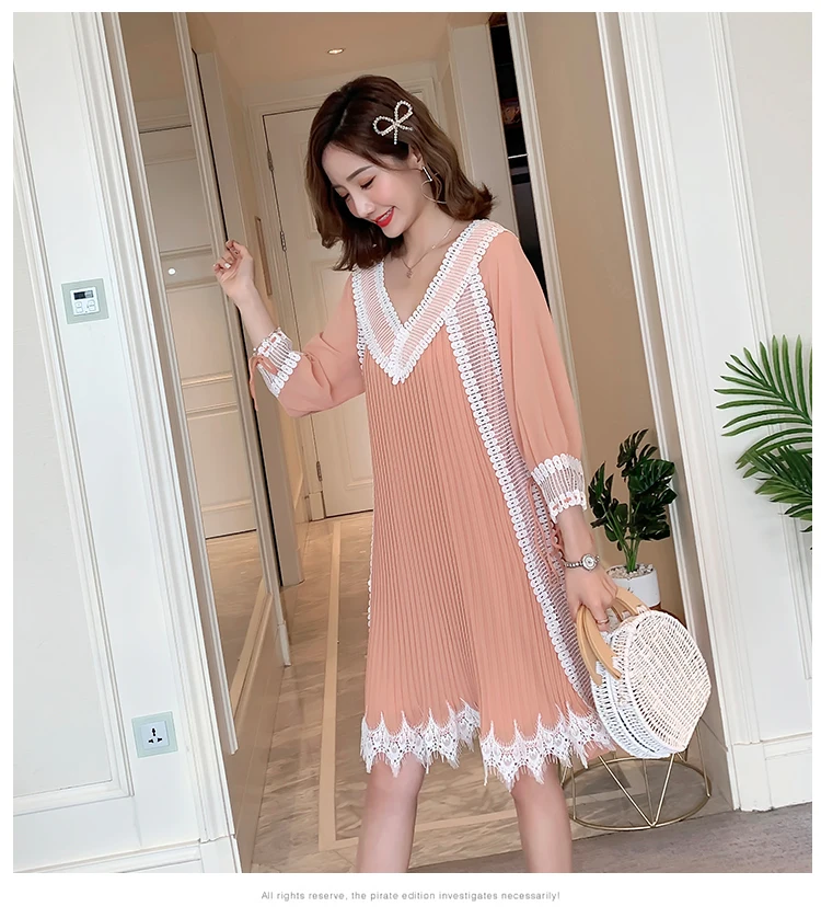 Summer Sleeveless/Long Sleeve Maternity Chiffon Pleated Dress V-neck Lace Patchwork Tassel Hem Pregnant Women Dress Sweet