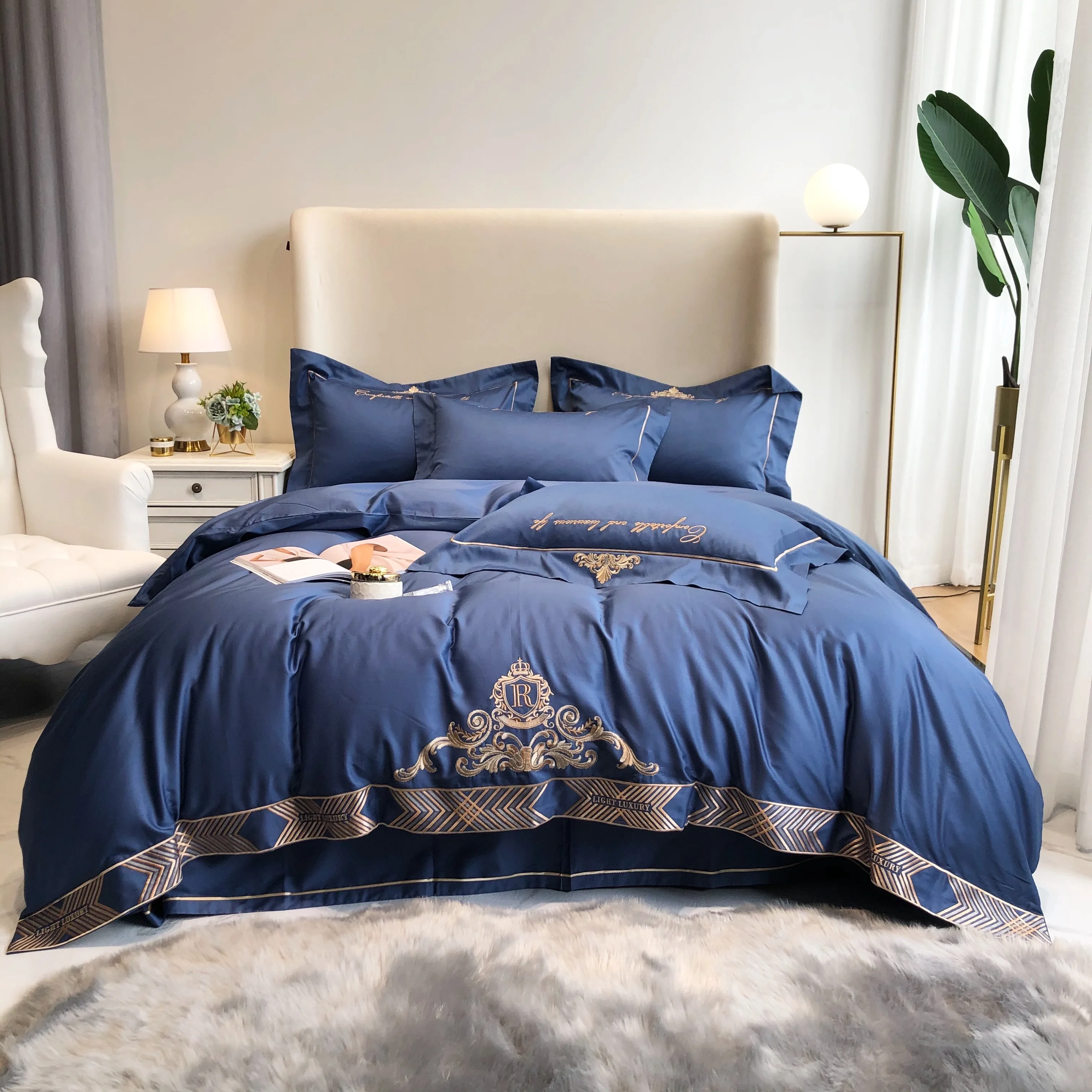 

New 600TC Egyptian Cotton Bedding Sets Elegant Embroidery Duvet Cover Flat Sheets Pillowcase