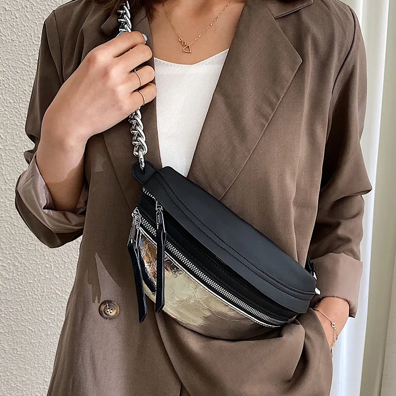 

Splice nylon Female Chest bag chain Crossbody Bags For Women 2021 Shoulder bags Small PU Leather ladies Waist Pack
