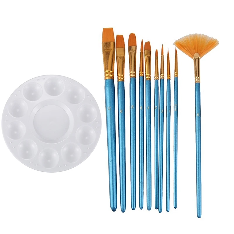 

1X White 11-Well Round Paint Palettes Artist Pallette & 10Pcs Blue Handle Nylon Hair Multifunction Paint Brushes
